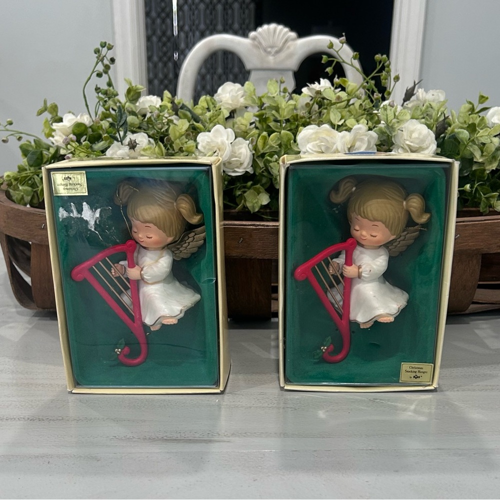 Cherub Angel with Pink Harp Christmas Ornament - Set of 2